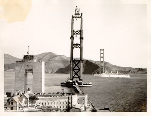 [View of the Golden Gate Bridge while under construction]