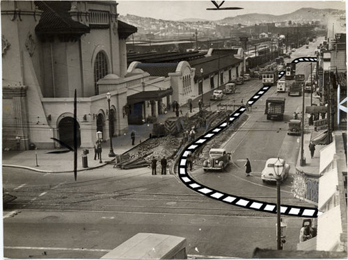 [Southern Pacific Depot at 3rd and Townsend streets, with diagram showing new streetcar loop]