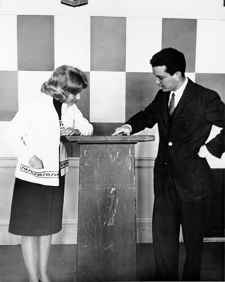 [Two students participating in a debate at Lowell High School]