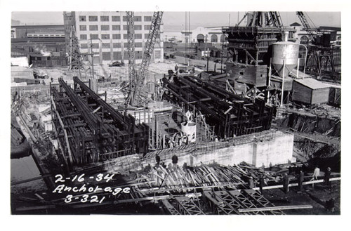 [San Francisco-Oakland Bay Bridge anchorage construction at Rincon Hill]