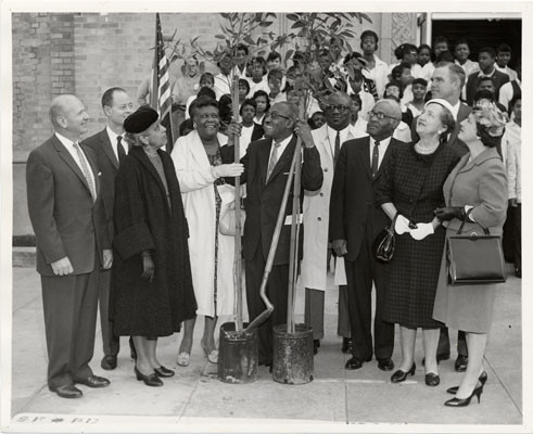 [Tree planting ceremony at Benjamin Franklin Junior High School]