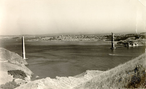 [View of the Golden Gate Bridge while under construction]