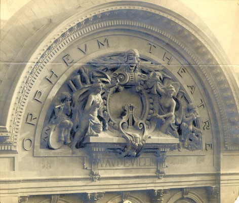 [Detail from the top of the entrance to the Orpheum Theatre on O'Farrell Street]