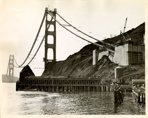 [View of the Golden Gate Bridge while under construction]