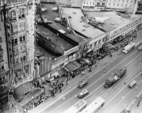 [View from above of line outside the Warfield Theatre]