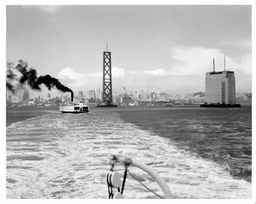 [Support tower and center anchorage of Bay Bridge under construction]