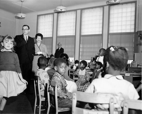 [H. Saltsman, of the Ford Foundation's "Great Cities" project, and Miss T. Kent, from the San Francisco Board of Education, visiting John Swett School]