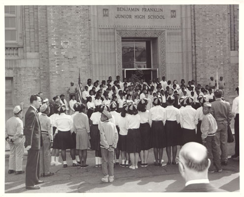 [Group gathering for "Tree Plant" at Benjamin Franklin Junior High School]