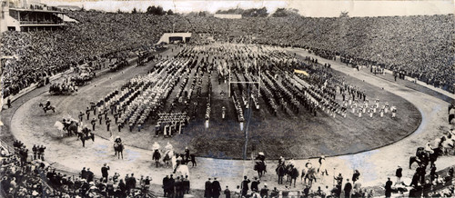 [Crowd watching a pre-game show at Kezar Stadium]