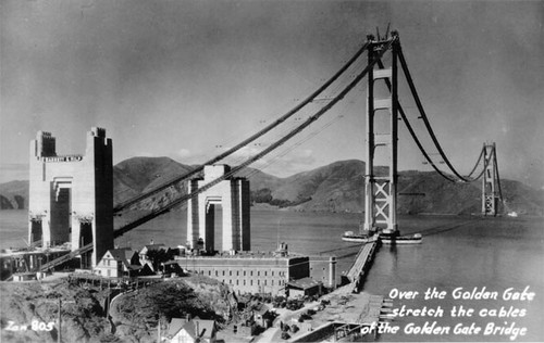 Over the Golden Gate stretch the cables of the Golden Gate Bridge