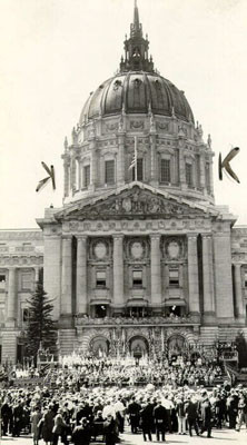 [Crowd of people gathering in from of City Hall for Constitution Day Exercises]