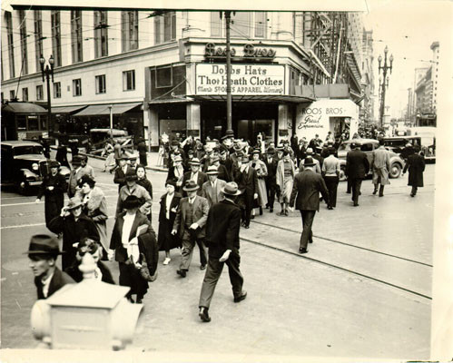 [Pedestrians crossing Stockton Street at Market]