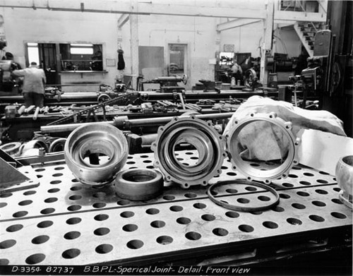 [Front view of pieces of spherical joint assembly for Bay Bridge pipeline]