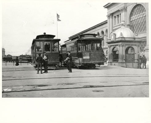 [Streetcars parked in front of the Ferry Building]