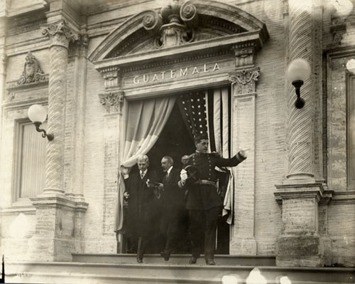 [Vice President Thomas Marshall at dedications, in front of Guatemala Building, leaving with Ignacio Sarana]