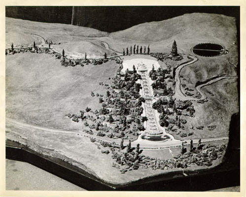 [Detail of model of Twin Peaks showing proposed formal cascade made by Federal Art Project]