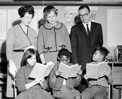 [Two members of the San Francisco Board of Education visiting John Swett School with H. Saltsman, of the Ford Foundation's "Great Cities" project]