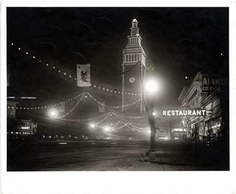 [Illumination of tower in Market street, Portola Festival, October 19-23, 1909]