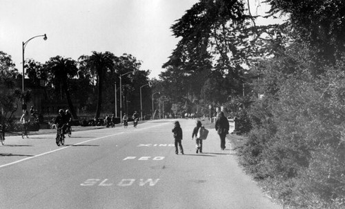 [Bicyclists and pedestrians on the street in front of the De Young Museum in Golden Gate Park]