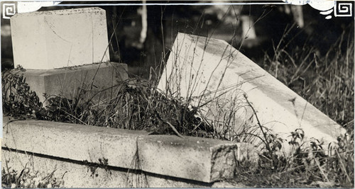 [Overturned gravestones at Laurel Hill Cemetery]