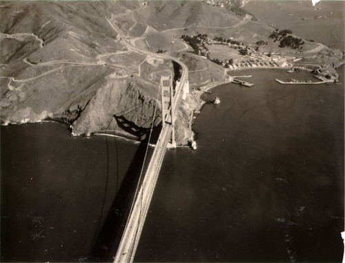 [Aerial view of the northern end of the Golden Gate Bridge]