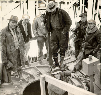 [Base testing of pier during construction of the Golden Gate Bridge]