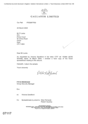 [Letter from PRG Redshaw to P Locks regarding attached Excel Spreadsheet relating to sample]