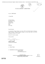 [Letter from Nigel P Espin to Mark Minetti held on 20040511 regarding enclosure of a witness statement and excel spreadsheet as requested]