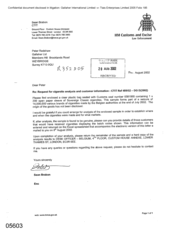 [Letter from Sean Brabon to Peter Redshaw regarding request for cigarette analysis and customer information]