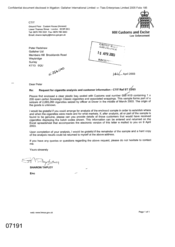 [Letter from Sharon Tapley to Peter Redshaw in regards to request for cigarette analysis and customer information]