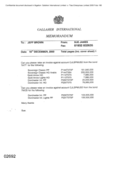 Gallaher International[Memo from Sue James to Jeff Brown regarding a request to raise an invoice against account CJLSPMUSD]