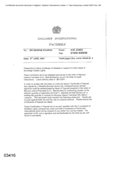 Gallaher International[Memo to George Pouros from Sue James regarding certificate of release, certificate of deposit and Sovereign Classic Cigarettes ]