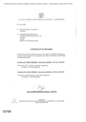 [Letter from Gallaher International Limited to Senior Collector of Customs regarding Certificate of Release]