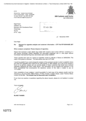 [Letter from Blake Tanner to Nigel Espin regarding request for cigarette analysis and customer information]