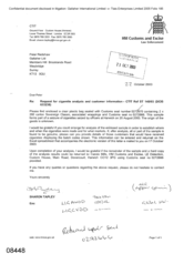 [Letter from Sharon Tapley to Peter Redshaw in regards to request for cigarette analysis and customer information]