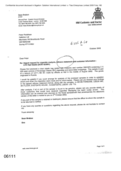 [Letter from Sean Brabon to Peter Redshaw regarding request for cigarette analysis witness statement and customer information]