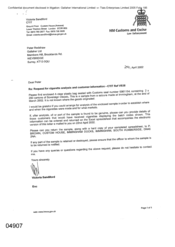 [Letter from Victoria Sandiford to Peter Redshaw regarding request for cigarette analysis]