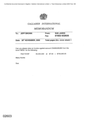 Gallaher International[Memo from Jeff Brown to Sue James regarding raising of an invoice against account CNAMUMUSD on 20001129]