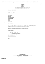 Gallaher Limited[Memo from PRG Redshaw to P Hobbs regarding return of Sovereign cigarettes sample on 20011221]