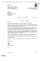 [Letter from Victoria Sandiford to Peter Redshaw regarding the request for cigarette analysis and customer information]