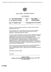 Gallaher International[Memo from Sue James to Pambos Pieris in regards Certificate of release]