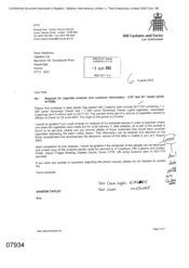 [Letter from Sharon Tapley to Peter Redshaw regarding the request for cigarette analysis and customer information]