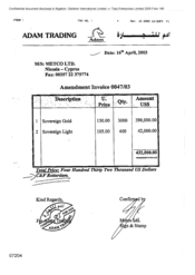 [Letter from Adam Trading to Metco Ltd regarding Amendment Invoice for Sovereign Gold and Sovereign Light Cigarettes]