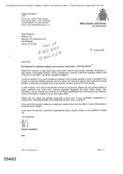 [Letter from Victoria Sandiford to Peter Redshaw regarding request for cigarette analysis and customer information]