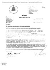 [Letter from Matthew McCarron to Peter Redshaw regarding request for cigarette analysis and customer information]