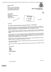 [Letter from Victoria Sandiford to Peter Redshaw regarding request for cigarette analysis and customer information]