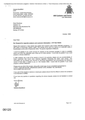 [Letter from Victoria Sandiford to Peter Redshaw regarding the request for cigarette analysis and customer information]