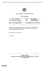 Gallaher International[Memo from Sue James to PN Pretish regarding the release of18, 800 cases of Dorchester International Full Flavour to Namelex Holdings Limited]