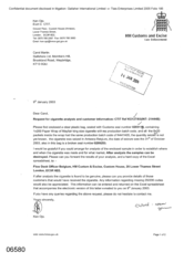 [Letter from Ken Ojo to Carol Martin Regarding Request for cigarette analysis and custromer information]