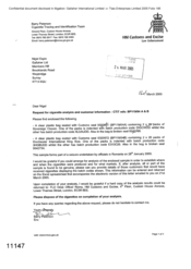 [Letter from Barry Peterson to Nigel Espin regarding an urgent request for cigarette analysis, witness statement and customer information]